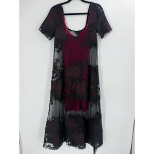 Tracy Reese Mesh Floral Midi Dress S Black Burgundy Gothic Whimsigoth Dark Moody thumbnail 10