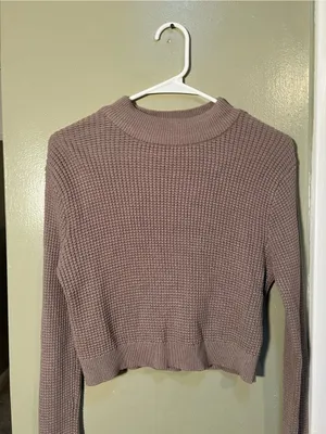 Garage Women’s Sz Large Mock Neck Sweater Cropped Light Brown Waffle Knit Cotton thumbnail 2