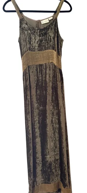 Renaissance Magnus Vintage 90s Crushed Velvet Maxi Dress Brown Gold Goblin‎ L thumbnail 1