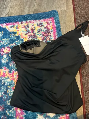 NWT Charlie suede London Black Draped Lace-Trim Top thumbnail 3
