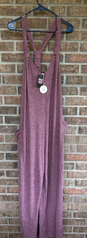 Mauve Knit Wide-Leg Jumpsuit with Knotted Straps thumbnail 1