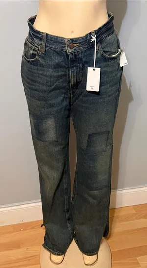 Good American Dark Indigo Khloe Jean straight Leg Patchwork Jeans thumbnail 1
