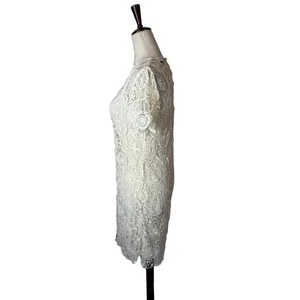Ralph Lauren Crochet Lace Dress Women Medium Ivory Short Sleeve Shift Mini Retro thumbnail 3