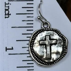 Western Chic Cross Etched Silver tone Dangle Earrings. Wax Seal Cross thumbnail 4