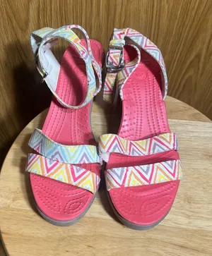 CROCS Pink Wedge Sandals with Chevron Multi-Color Straps thumbnail 1