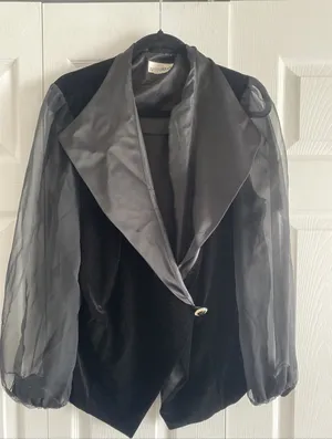 After Dark Vintage Velvet Sheer Sleeve‎ Evening Jacket Womens Size L Black Glam thumbnail 1