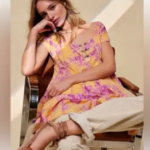 Free People dress Sully NEW floral blooms pink orange sunshine combo lined thumbnail 3
