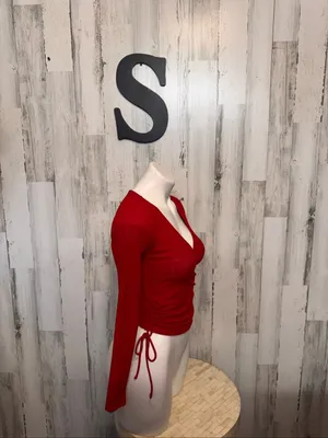 Windsor Red Ribbed Surplice Wrap Top Womens Small Ruched Tie Sides Long Sleeve thumbnail 2
