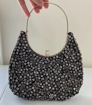 NWOT black silver butterfly floral beaded lined snap small‎ hand bag purse thumbnail 1