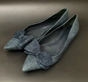 TORY BURCH Rosalind Navy Blue Denim Print Textured Suede Ballet Flats Size 8M thumbnail 1