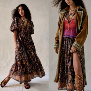 Free People Lysette Maxi Dress Floral Brown Small Bohemian Gypsy Hippie Bells thumbnail 14