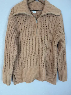Aerie Cable Car Knit Quarter Zip Pullover Sweater Warm Camel size Medium $98 thumbnail 8