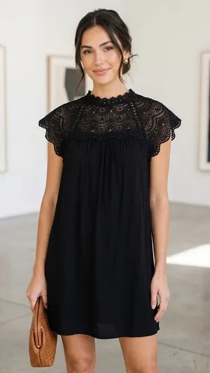 Entro Black Lace Crochet Yoke Mini Dress Whimsigoth Boho Romantic L thumbnail 1