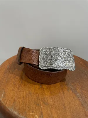 Vintage Guess Leather Belt Western Floral Engraved Silver Plate Buckle Size M thumbnail 3