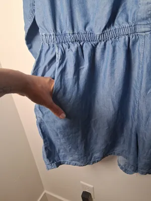 Old Navy Blue Long Sleeve Chambray Romper Shorts Outfit size XL Pockets Buttons thumbnail 4