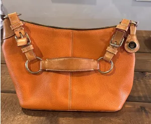 Dooney and Bourke Orange/Tan Pebbled Leather O-Ring Slouch Hobo Bag thumbnail 1