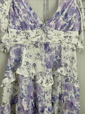 New For Love & Lemons Rosalyn Mini Dress White Lilac Floral Women Size Large thumbnail 7