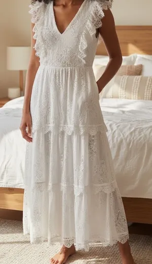 Premier White Lace Maxi Dress with Ruffle Sleeves thumbnail 1