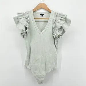 Express Ribbed Bodysuit Medium Mint Green Knit Ruffle Cap Sleeve‎ V Neck Top thumbnail 2