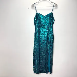 Lulus Striking Sweetheart Emerald Green Sequin Slit Sleeveless Midi Dress‎ LARGE thumbnail 5