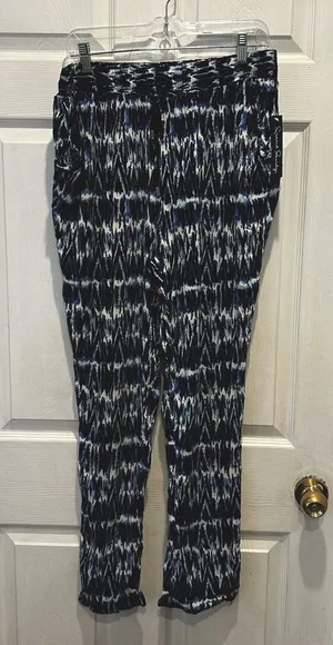 French Laundry Womens Large Blue Black Ikat Rayon Drawstring Jogger Pants NWT‎ thumbnail 1