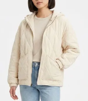 Wild Fable Quilted Jacket Womens Small Cream Full Zip Cotton Hooded Long Sleeve thumbnail 1