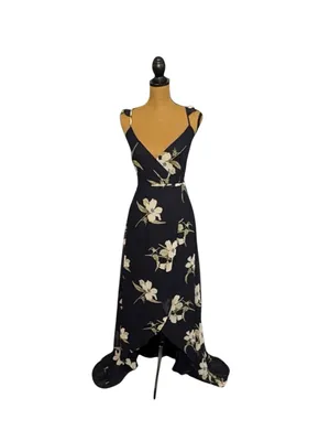 Lulus All Mine Wrap Maxi Dress XXS Navy Blue Floral High Slit Wedding Guest NWT thumbnail 3