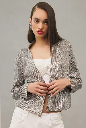Women's Anthropologie Mare Mare Taupe Silver Sequin Open Jacket XXS Petite thumbnail 1