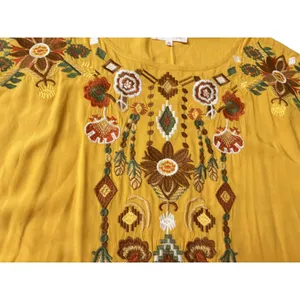 Solitaire Mustard Yellow Embroidered Boho Blouse Rayon Short Sleeve Top 21-232 M thumbnail 4