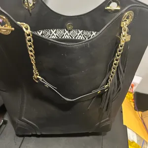 Black Faux Leather Tote Bag with Gold Accents thumbnail 8