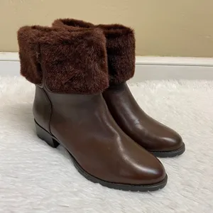 H By Halston Caroline Brown Leather Ankle Boot Faux Fur Size 7 thumbnail 2