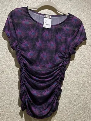 Free People NWT Purple Mesh Floral Ruched Women’s Tee Top Size M thumbnail 3