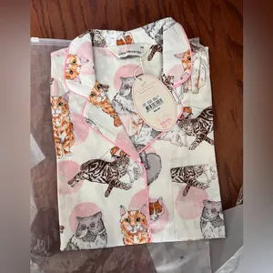 Peter Alexander White and Pink Cat Print cotton Pajamas XS thumbnail 4