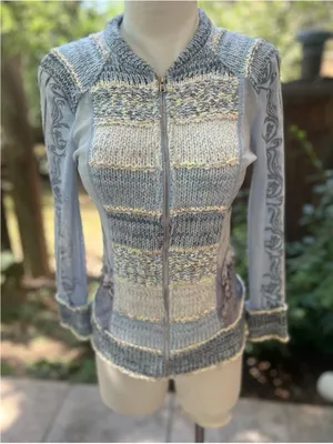 Vintage Y2K mesh knit jacket Lulu H Paris blue and cream Size XS/S thumbnail 1