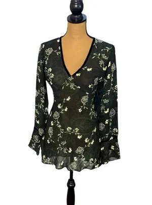 Vintage Y2K New York & Company Sheer Floral Blouse Whimsigoth Bell Sleeve M thumbnail 1