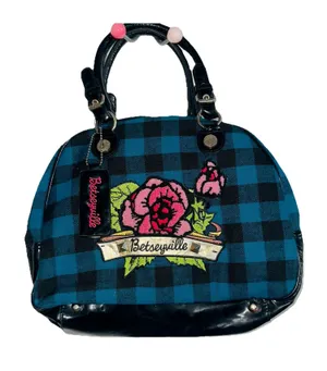 NWT Y2K Betsy Johnson Blue Plaid Bowler Handbag Bag Satchel Rockabilly Pin Up thumbnail 1