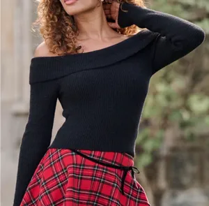 Altar'd State Black Off-the-Shoulder Ribbed Knit Sweater thumbnail 1