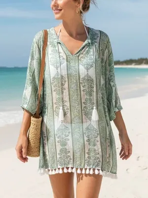 Roller Rabbit Tasseled Abstract Caftan Cover Up Dress Green White Floral Small thumbnail 1