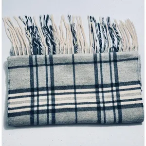 V Fraas Cashmink‎ Plaid Scarf Beige Black White Fringe Made in Germany thumbnail 3