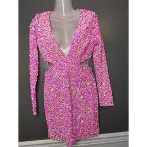 Petal + Pup Dress Womens Medium Pink Sequin Cutout V Neck Bodycon Mini Party thumbnail 2