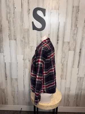 Natural Reflections Plaid Flannel Button Down Shirt Womens Small Navy Red Cotton thumbnail 2