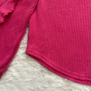 Anthropologie Pilcro Top Ruffled V-Neck Shirt Waffle Knit Raspberry Pink L thumbnail 8