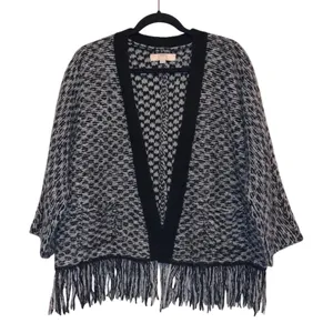LOFT Wool Blend Fringe Cardigan Black White Open‎ Front Poncho Style Sweater Med thumbnail 2