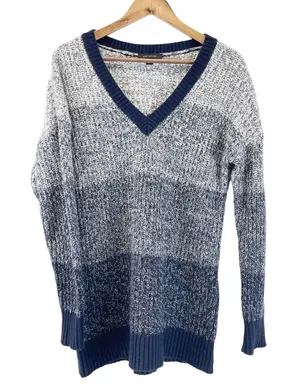 Ann Taylor Womens S Chunky V-Neck Sweater Color Block Stripes Blue‎ White thumbnail 1