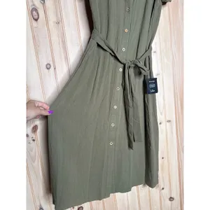NWT Lulus Italian Summer Olive Green Linen Button-Up Short Sleeve Dress Size M thumbnail 4