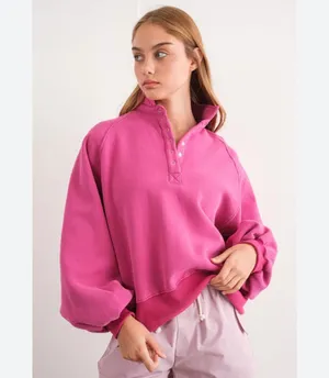 Altar'd State Papermoon Piper Snap Button Collared Sweatshirt in fuchsia features a mock neck thumbnail 2