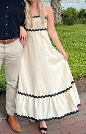 Beginning Boutique Tan Dress With Black Trim thumbnail 1