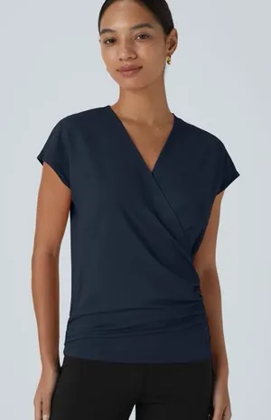 Halara H22.- V Neck Cap Sleeve Crossover Ruched Solid Work Blouse. Size large thumbnail 1