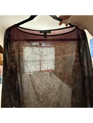 Lauren Ralph Lauren Burgundy Paisley Floral Sheer Blouse Top XL Extra Large thumbnail 3