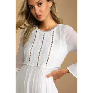 Lulus Women's Small White Crochet Lace Babydoll Long Sleeve Short Party Dress‎ thumbnail 4